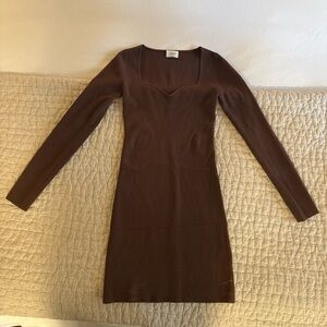Aritzia Brown Ribbed Long Sleeve Square-Neck Knit Dress